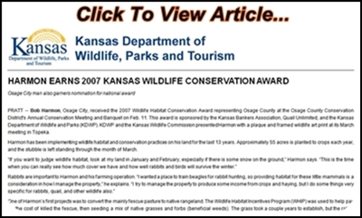 HARMON EARNS 2007 KANSAS WILDLIFE CONSERVATION AWARD Bob Harmon Article